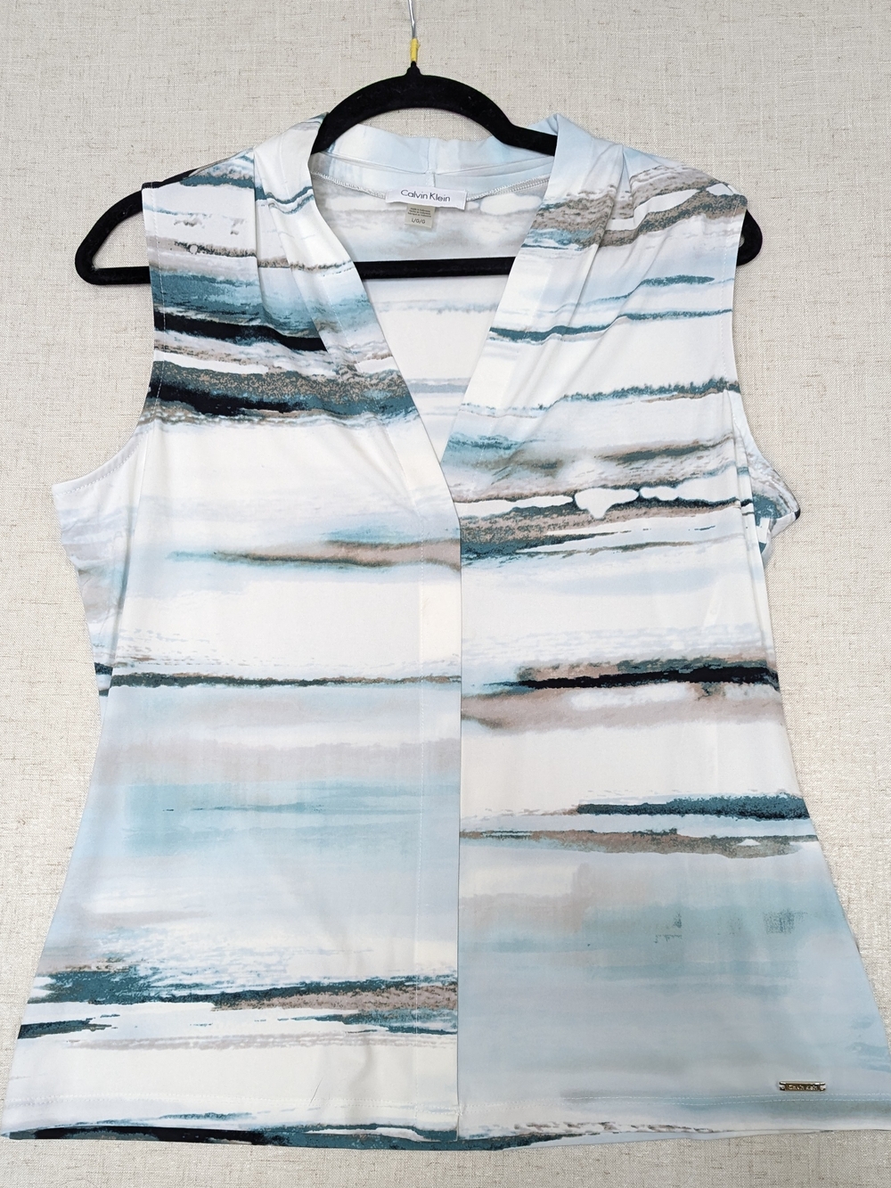 Calvin Klein Watercolor Stripe Sleeveless V-Neck Top Sz L